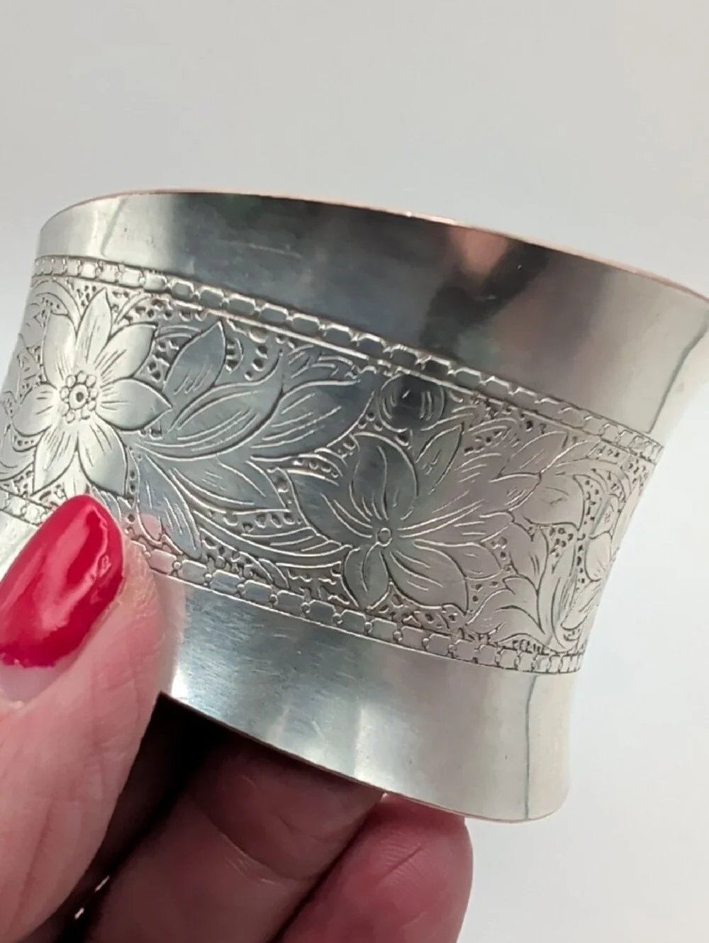 Engraved Floral Silver Cuff Bracelet